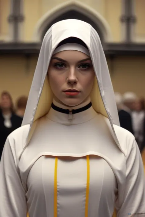 a woman dressed in a nun costume stands in a room