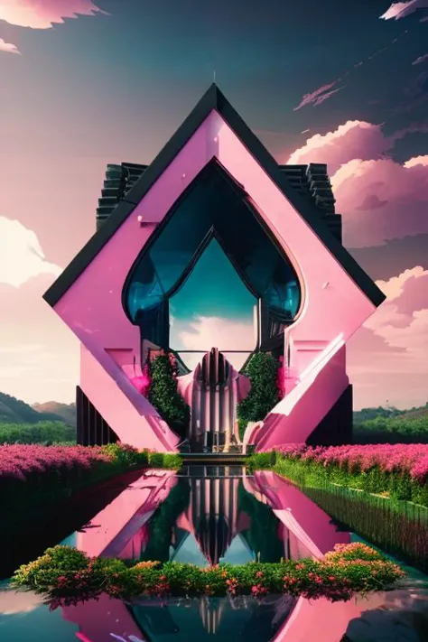 an rz88p4ss4ge landscape made of  pink  and shiny pink bright neon leaves, advanced photography of single flower house on top of a hill, concept art, architectural  design, water reflections, blonskyo, hans giger, brutalist architecture, high quality, art deco, postminimalist, in the style of ilya kuvshinov KyoAni, Makoto Shinkai, Hideaki Anno, Mochiduki Key, Studio Ghibli, Madhouse, WHITE FOX, Studio Trigger, GAINAX, Violet Evergarden, Granblue Fantasy, Fate Grand Order, (KINMOZA:1.1), Kanamemo, Hanayamata, SHIROBAKO, Yuyushiki, (k-on:1.21), Nichijou, Lucky star, A-channel, umaru-chan, Nyaruko-san, DEVILMAN, Symphogear, Claymore, Kiseijuu, Code Geass, Guilty Crown, umamusume