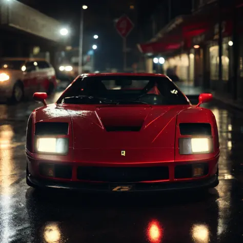 a red sports car is parked in the rain, a 3D render, inspired by Alena Aenami, photorealism, with elements of the f40, badass anime 8 k, photo-realistic low lighting, 8k octae render photo, guillem h. pongiluppi, wet streets, nostalgic 8k, photorealism 4 k, retro wave, ferrari f 4 0