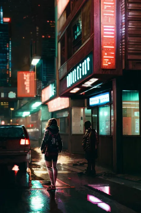 a painting  of a living room interior,  extremely detailed illustration ,  spaceport, interior paintings, interior paintings-view, interior wood
a woman standing on a city street at night, cyberpunk art, inspired by Liam Wong, digital art