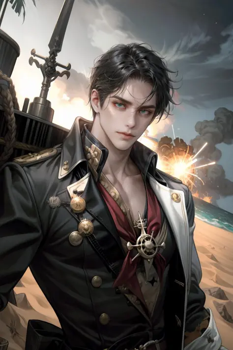 (absurdres, highres, ultra detailed), 1 male, adult, handsome, tall muscular guy, broad shoulders, finely detailed eyes,  skin,  freckles, looking at viewer, solo, upper body, detailed background,   sailor,  pirate captain outfit,  dark fantasy theme, high seas,      explosions, gunpowder, muskets,  pirate battle,    tropical beach, pirate hideout, pier,    outpost,  sand, calm,  pirate tents,   compass, treasure map, rum,  treasure, , (dutch angle), closed mouth, upper body