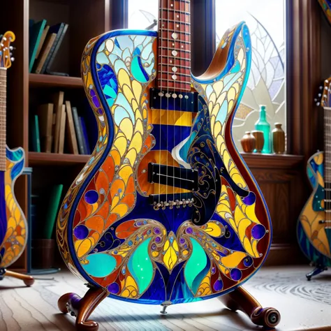 brightly colored guitar sitting on a table in a room