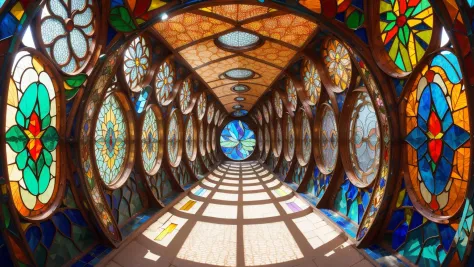 sharp focus photograph, <lora:stainedglassai_v10:0.5> stainedglassai, wide-angle view of a Tunnel, retro-futuristic, detailed, c...