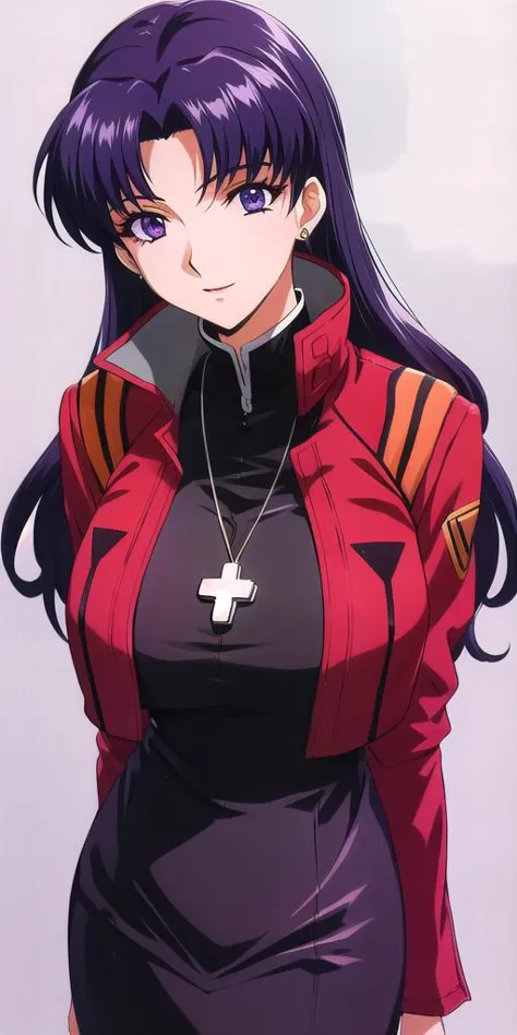 <lora:Katsuragi_MisatoV4:0.6> katsuragi_misato, huge_breasts, standing, solo, Misato_cross_necklace, black_pencil_dress_high_collar_red_jacket, masterpiece, best quality, detailed face, detailed eyes, highres,