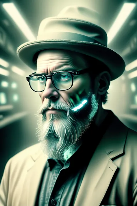 a man with a beard and glasses wearing a hat , Synaptic_Shadows