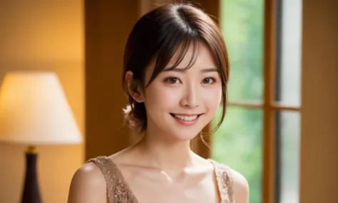 1 japanese woman,(27yo),cute,brown eyes ,catch light:, natural skin,brown hair, indoor ,light smile,thin formal dress