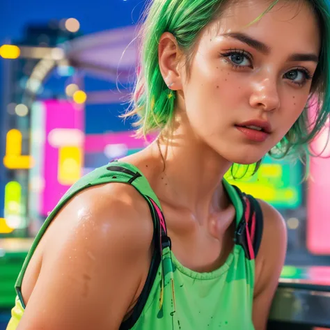 a close up of a woman with green hair and a neon green tank top