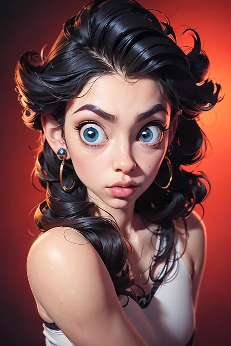 (slightly above:1.4, wide angle view:1.6), 1girl, solo, (sexy expression:1.3, pucker lips:1.3), (cartoon:1.3, unreal proportions:1.5), alien eyes pattern, red messy hair, long puffy hair, fashion pose, (blue background), bokeh, cinematic composition, depth of field, <lora:scribble4:1.2>,