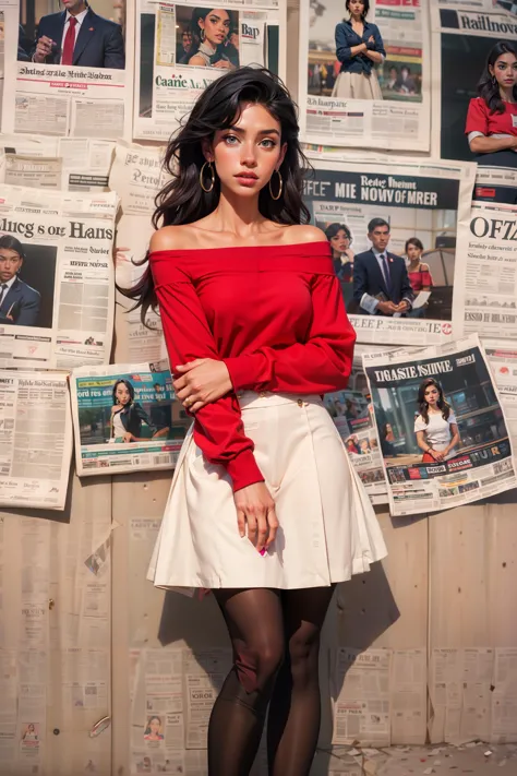 arafed woman in red top and white skirt standing in front of a wall of newspapers