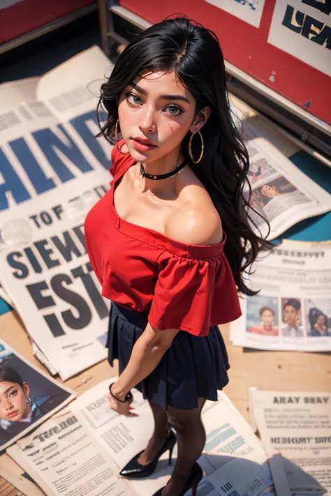 arafed woman in red top and black skirt standing in front of newspapers