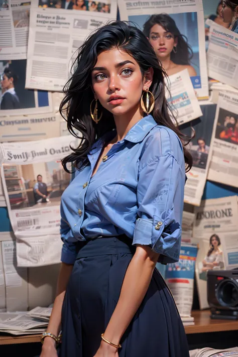 arafed woman in a blue shirt and skirt standing in front of a wall of newspapers