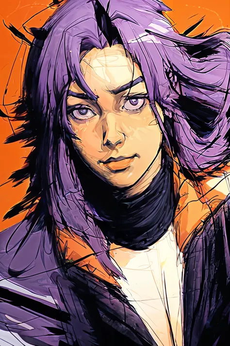 a close up of a person with purple hair and a black jacket