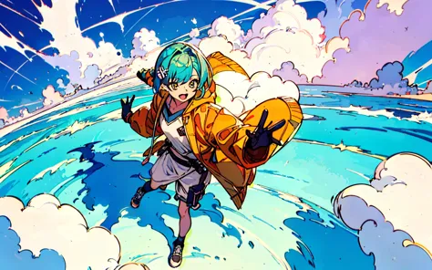 anime character in a yellow jacket flying over a blue ocean