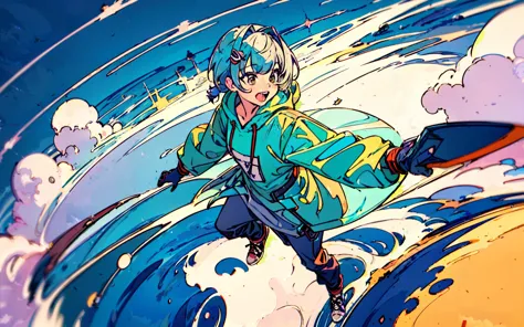 anime character riding a surfboard on a wave in the ocean