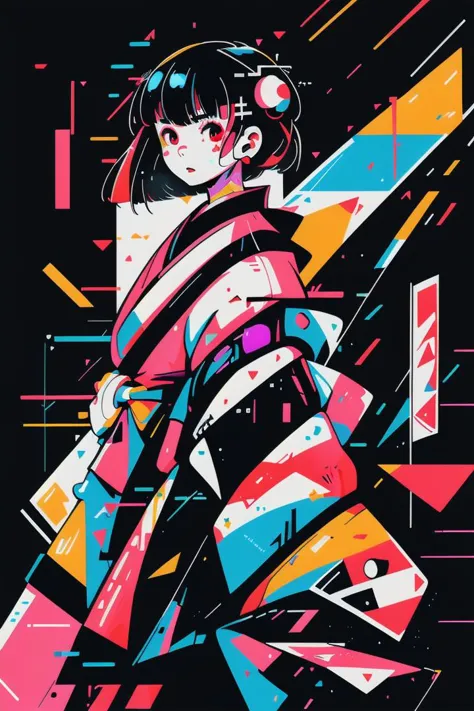 girl, kimono,  innocent face, perfect anatomy,  vibrant, cyberpunk theme, captured in a neon-lit Neotokyo suburb   <lora:geometric_shapes:1>