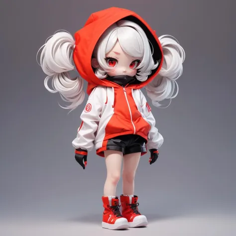 <lora:Designer_BlindBox:0.5>,(chibi:0.8),cute,simple background,1girl, solo, looking_at_viewer, red_eyes, gloves, long_sleeves, twintails, standing, jacket, full_body, white_hair, boots, shorts, hood, parted_bangs, facial_mark, black_shorts, red_footwear, hood_up, forehead_mark, short_eyebrows, covered_mouth, no_mouth