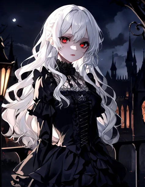 anime, masterpiece, best quality, dark theme, low key, upper body, shiny skin, looking at viewer, 1girl, gothic style dress, silk, frills, lace, vampire, red eyes, white hair, wavy hair, toned, night, outdoors, hazy