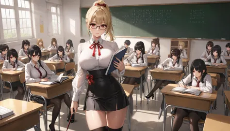wkas, raw photo, below view, blonde teacher with cute makeup, age 40, face detailing, (holding textbook and with a pointer: 1.4) , black tight miniskirt, in high-heeled shoes, in the crowded classroom, white semi-transparent blouse , stylish glasses, ( masterpiece:1.1) , (Thigh high socks :1.1), ponytail, red eyes, red ribbon, skin tight , (side breasts) , shoulder, collarbone, students, desks ,chairs, long earrings, textbooks, blackboard, classroom, graphic eyeliner, rouge, (choker:0.9), realistic skin texture,,, very thin waist,  breasts, cleavage, slim body,, (8k, masterpiece, best quality, ultra-detailed),  (an extremely delicate and beautiful)kawaii, cute, very big eyes, Aesthetic Anime Eyes, small face,  large breasts, cinematic lighting, , Intricate, High Detail, Sharp focus, dramatic,   masterpiece, best quality, ultra-detailed,