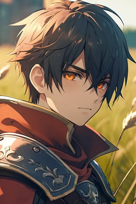 a close up of a person in a field with a sword