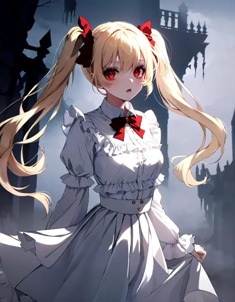 anime girl with long blonde hair and red eyes in a white dress