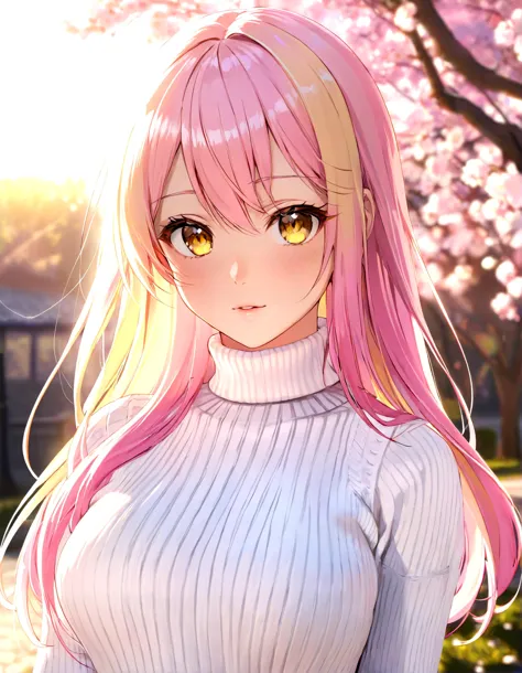 anime girl with pink hair and yellow eyes standing in front of a tree