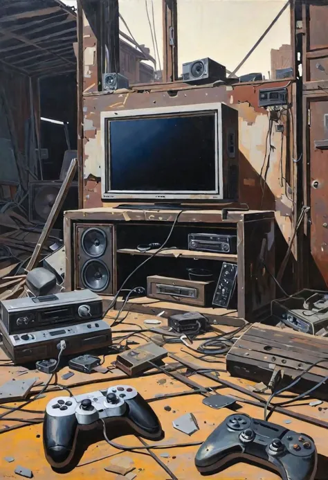 acrylic on panel, USA home, Consoles device wasteland