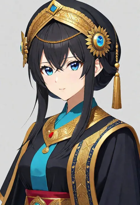 a woman in a black and gold outfit with blue eyes