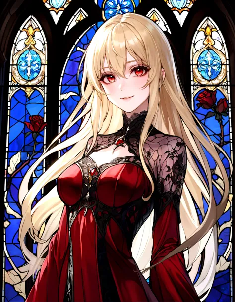 anime, masterpiece, best quality, absurdres, original, young woman, detailed iris, detailed skin, dark, unlit, light through stained glass, multi-colored light, masterpiece, best quality, younger, high resolution illustration, shiny skin, small breasts, looking at viewer, finely detailed beautiful eyes, wavy long hair, detailed face, vampire, red clothing, silk, lace, platinum blonde hair, black rose in hair, stained glass, indoors, castle, see-through, long dress, red nightgown, light smile,