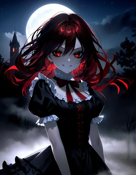 a woman with red hair and a black dress is sitting in the moonlight