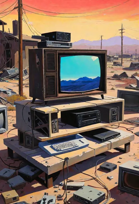 arafed television and old computer equipment in a desert area