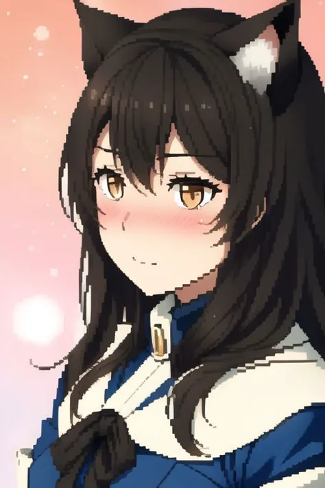 Atago, (Embarrassed), cat ears. black hair, beautiful and cute face, Brown eyes, a woman in snow, blush face