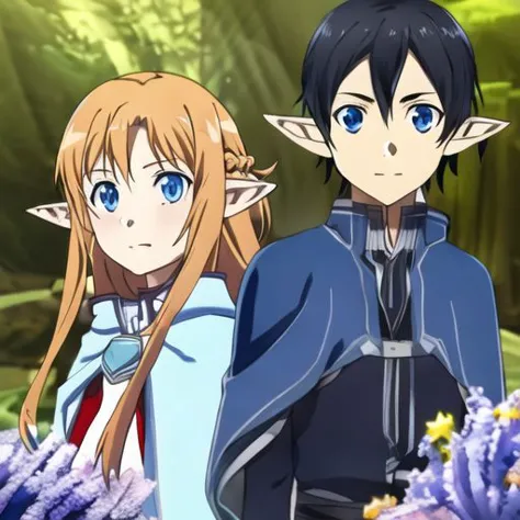 asuna-alfheim, 1boy, solo, long_hair, looking_at_viewer, blue_eyes, long_sleeves, short_hair, closed_mouth, black_hair, upper_body, pointy_ears, blurry, shiny_hair, capelet, blurry_background, frown, elf, fantasy, coral