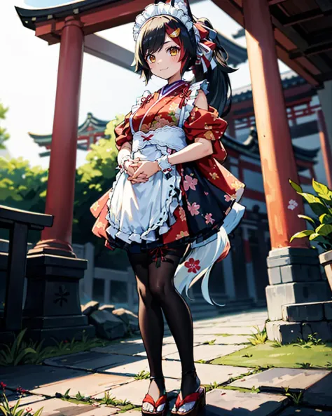 1girl, solo, japanese architecture, torii, pond, dusk, full body, own hands together, :\3, mionewyears, ponytail, hair ornament, red kimono, flower print, white apron, frills, wrist cuffs, maid headdress, black pantyhose, wolf tail, mature female, milf, tall, curvy