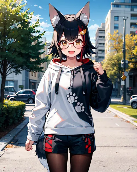 1girl, solo, park, tree, cobblestone road, cowboy shot, :D, miohoodie, medium hair, hair ornament, black hoodie, white hoodie, (paw print), red-framed eyewear, short shorts, black pantyhose, wolf tail