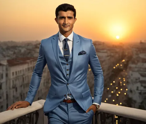 arafed man in a blue suit standing on a balcony overlooking a city