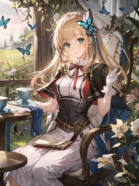 anime girl sitting in a chair with a butterfly in her hand