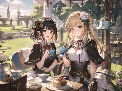 anime characters sitting at a table with tea cups and cakes