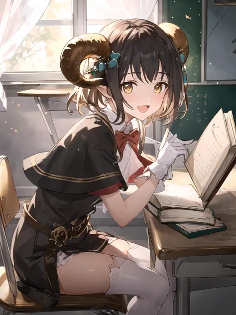 anime girl sitting at a desk with a book and a pen