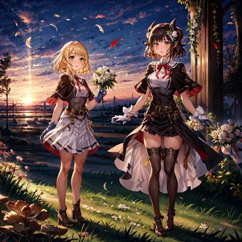 <lora:ShadowverseElluvia&KiraV1:0.7>,<lora:add_detail:0.5>,<lora:noline:0.3>,<lora:boldline:-0.3>,2girls,
Elluvia,blonde hair,green eyes,1girl,
brown dress,ribbon,capelet,
gloves,belt,white skirt,
full body,standing,
nature,plant,sky,flower,sunset,
ADDCOL,2girls,
Kira,brown hair,short hair,horns,yellow eyes,1girl,
hair ornament,capelet,brown dress,bowtie,ribbons,gloves,
belt,black skirt,thighhighs,
full body,standing,
nature,plant,sky,flower,sunset,