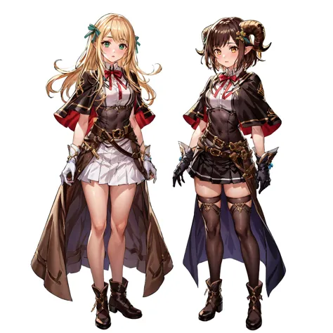 <lora:ShadowverseElluvia&KiraV1:0.7>,<lora:add_detail:0.5>,<lora:noline:0.3>,<lora:boldline:-0.3>,2girls,
Elluvia,blonde hair,green eyes,1girl,
brown dress,ribbon,capelet,
gloves,belt,white skirt,
full body,standing,
ADDCOL,2girls,
Kira,brown hair,short hair,horns,yellow eyes,1girl,
hair ornament,capelet,brown dress,bowtie,ribbons,gloves,
belt,black skirt,thighhighs,
full body,standing,