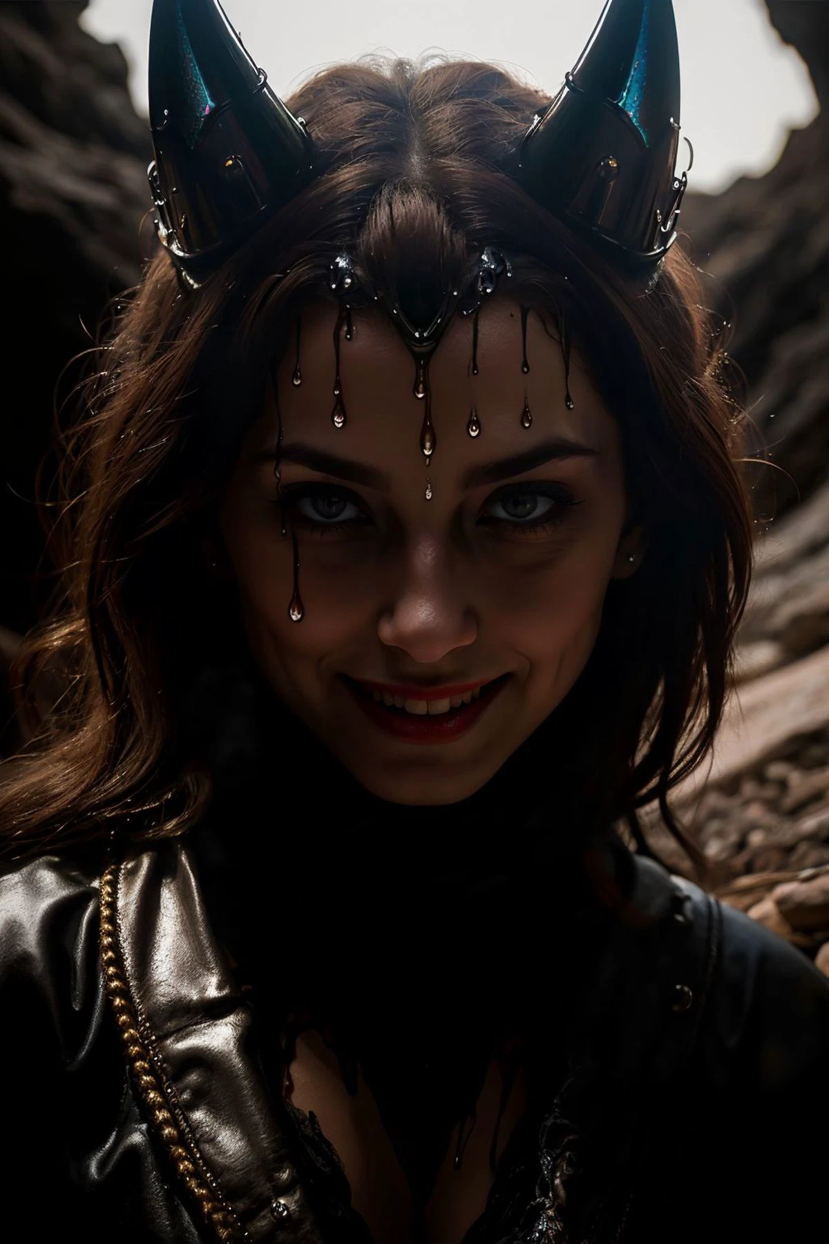 8K, highly detailed, digital photography, painting, medium shot of a (underworld queen) , Nikon d850, F/8, dripping Psychedelic, diabolic smile, satanic, on the edge, cracked personalty, intricate, sharp focus, perfect lighting, perfect shading, hdr, (photorealistic:1.6)