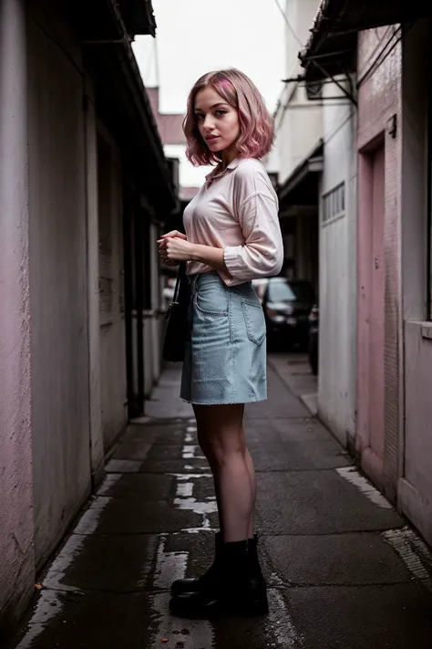 full body, beauty photography of mature woman, Pageboy cut haircut, Pastel pink haircolor, low angle, direct flash photography, desaturated grunge filter, detailed skin, skin blemish, sharp focus, shot on Ektar 100, in the style of Eugene Atget, <lora:more_details:0.55> <lora:skinny_new_skin:0.24>