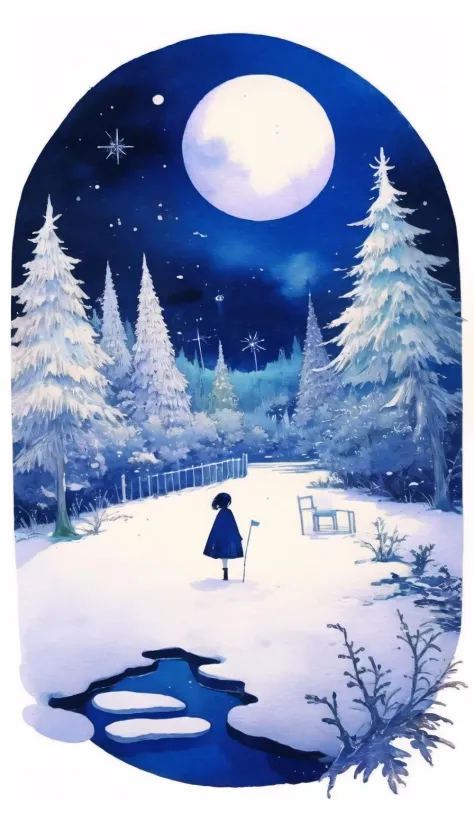 whitetown, moon, tree, snow, night, full moon, scenery, painting (medium), sky, outdoors, watercolor (medium), traditional media...