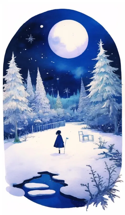 whitetown, moon, tree, snow, night, full moon, scenery, painting (medium), sky, outdoors, watercolor (medium), traditional media, flower, lamppost<lora:whitetown-block:1>