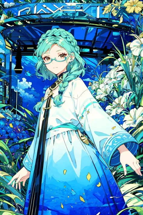 a woman with blue hair standing in a garden with flowers