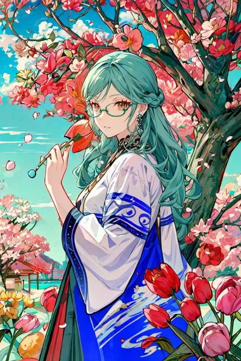 a woman with blue hair and glasses standing in front of a tree