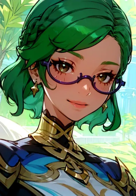 a close up of a person with green hair and glasses