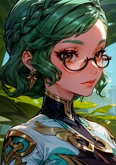 a woman with green hair and glasses standing in front of a forest