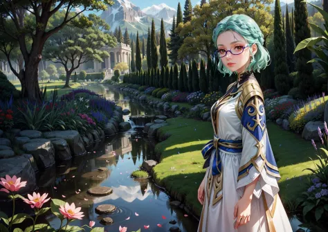 anime girl in a dress standing in a garden by a stream