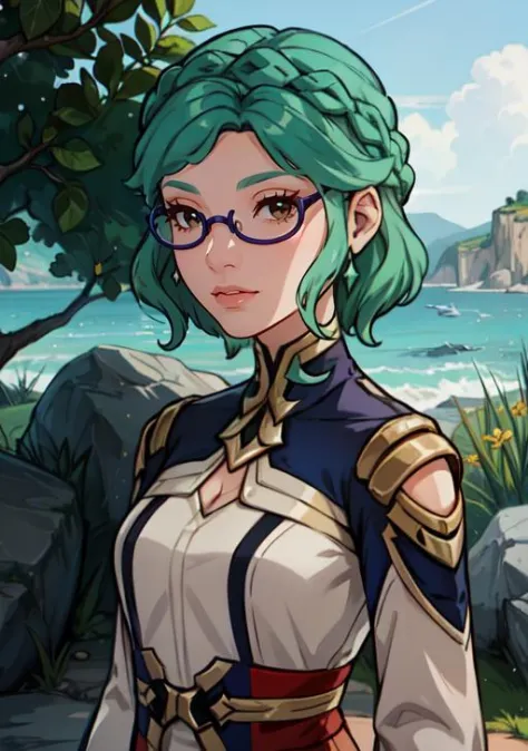 a woman with green hair and glasses standing in front of a beach